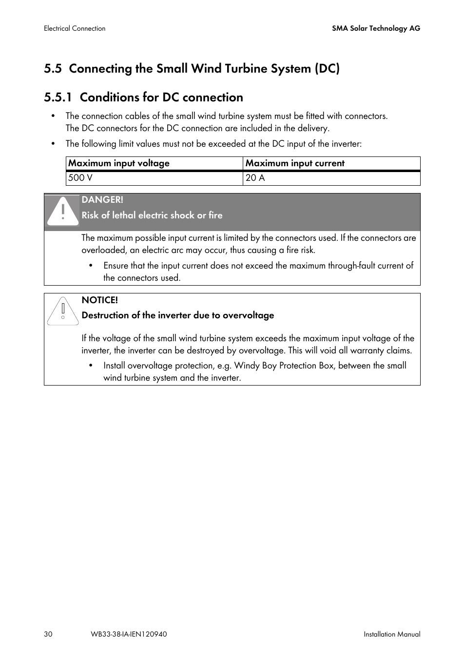 5 connecting the small wind turbine system (dc), 1 conditions for dc connection, Connecting the small wind turbine system (dc) | Conditions for dc connection | SMA WB 3300-11 Installation User Manual | Page 30 / 80