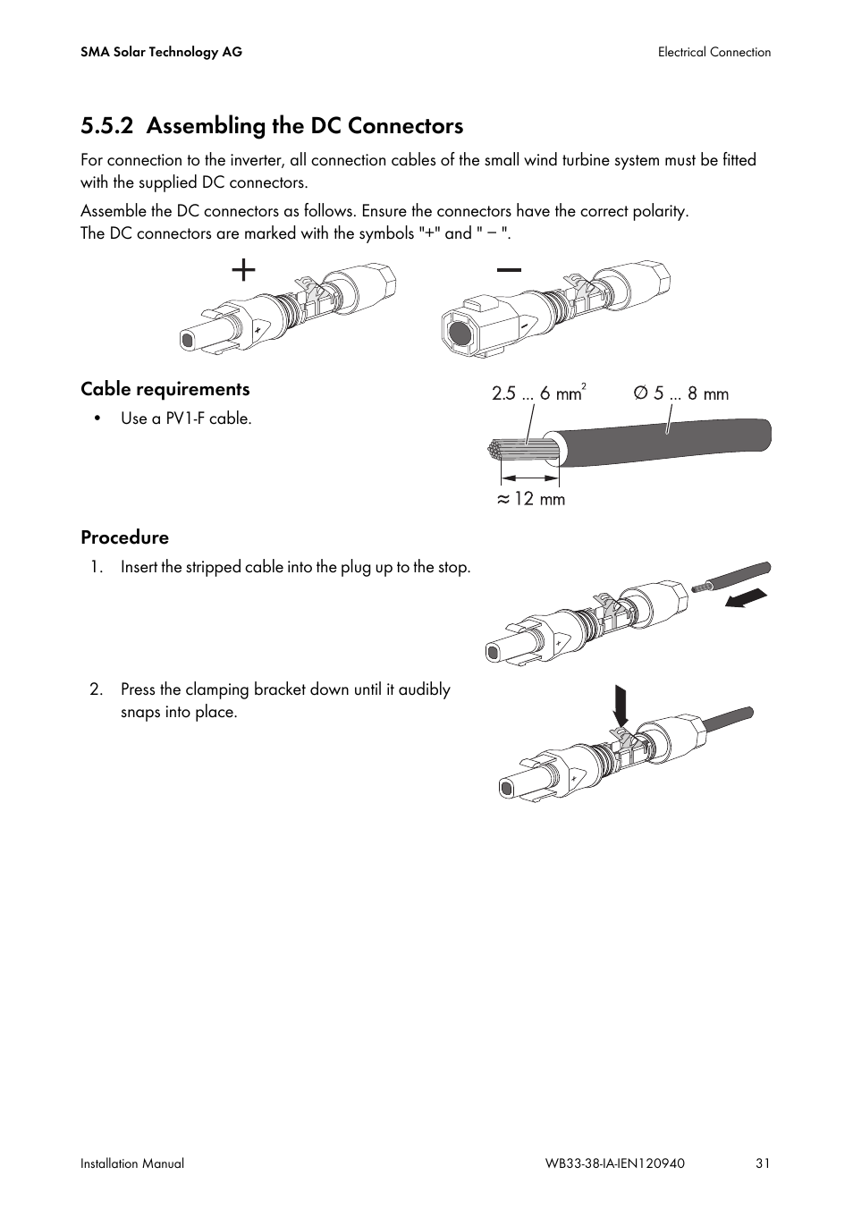 2 assembling the dc connectors, Assembling the dc connectors | SMA WB 3300-11 Installation User Manual | Page 31 / 80