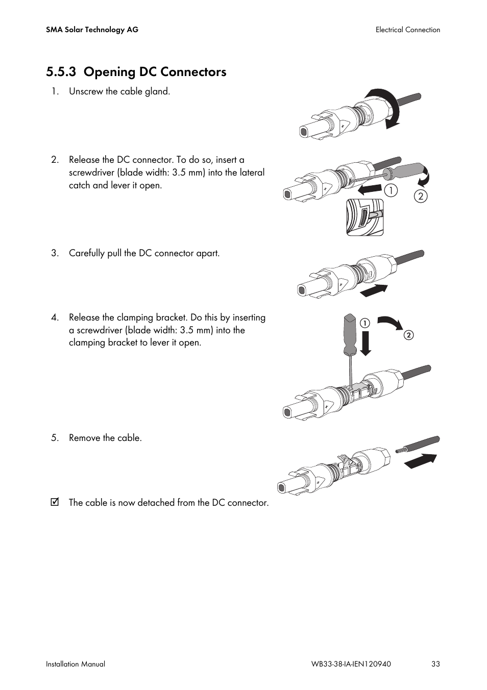 3 opening dc connectors, Opening dc connectors | SMA WB 3300-11 Installation User Manual | Page 33 / 80