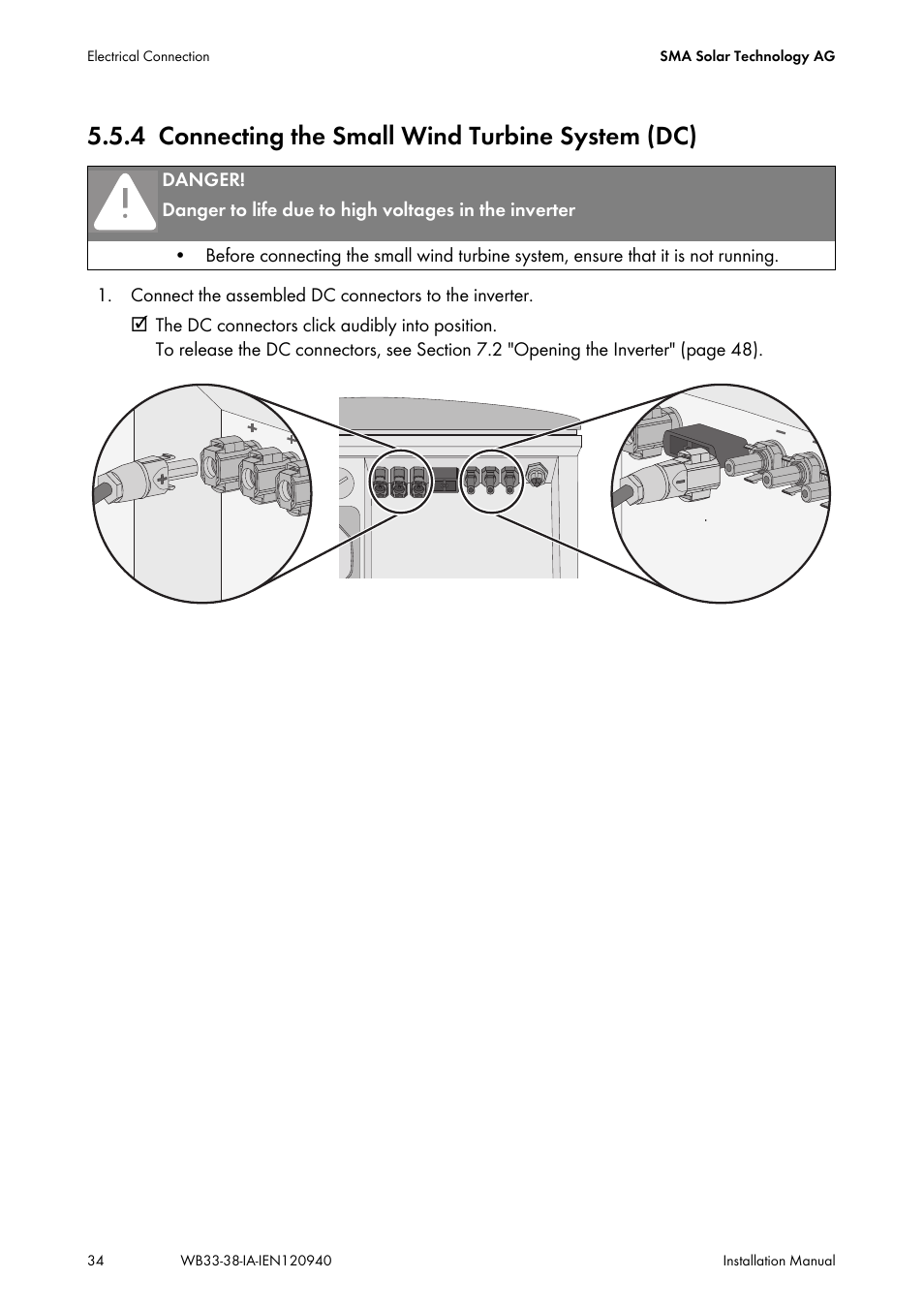 4 connecting the small wind turbine system (dc), Connecting the small wind turbine system (dc) | SMA WB 3300-11 Installation User Manual | Page 34 / 80