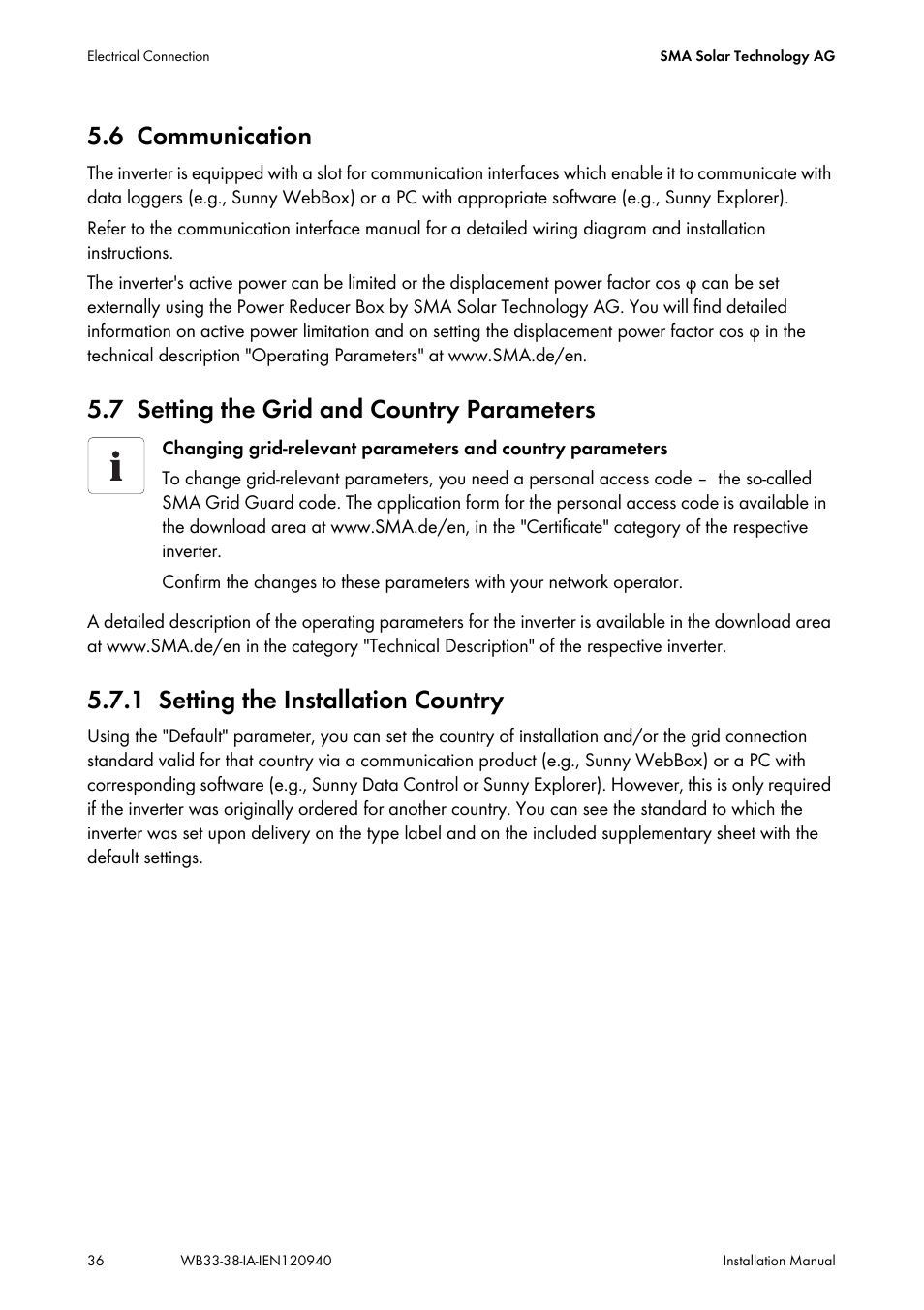 6 communication, 7 setting the grid and country parameters, 1 setting the installation country | Communication, Setting the grid and country parameters, Setting the installation country | SMA WB 3300-11 Installation User Manual | Page 36 / 80