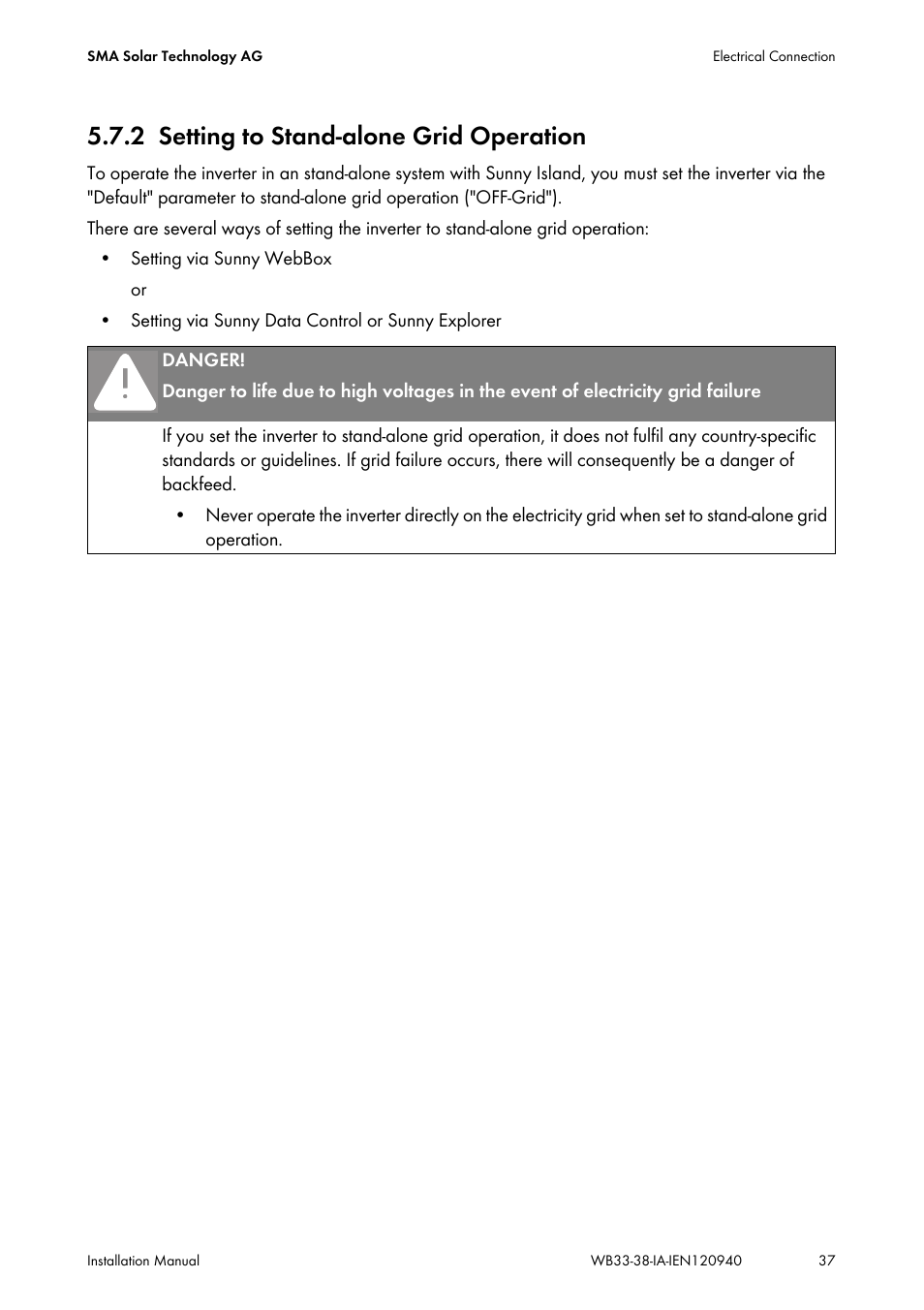 2 setting to stand-alone grid operation, Setting to stand-alone grid operation | SMA WB 3300-11 Installation User Manual | Page 37 / 80