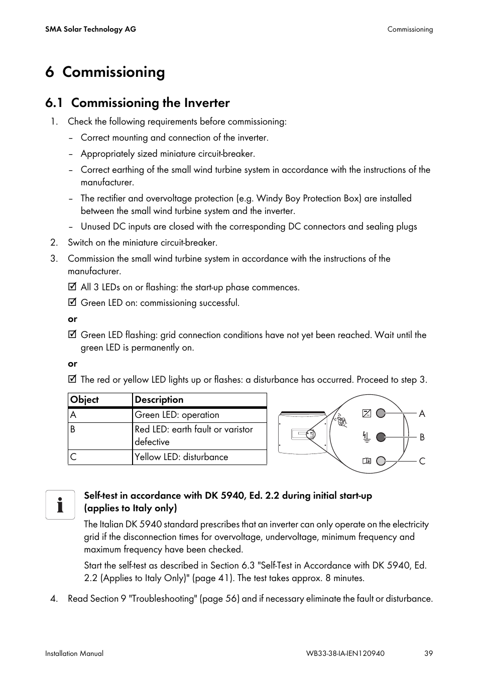 6 commissioning, 1 commissioning the inverter, Commissioning | Commissioning the inverter | SMA WB 3300-11 Installation User Manual | Page 39 / 80
