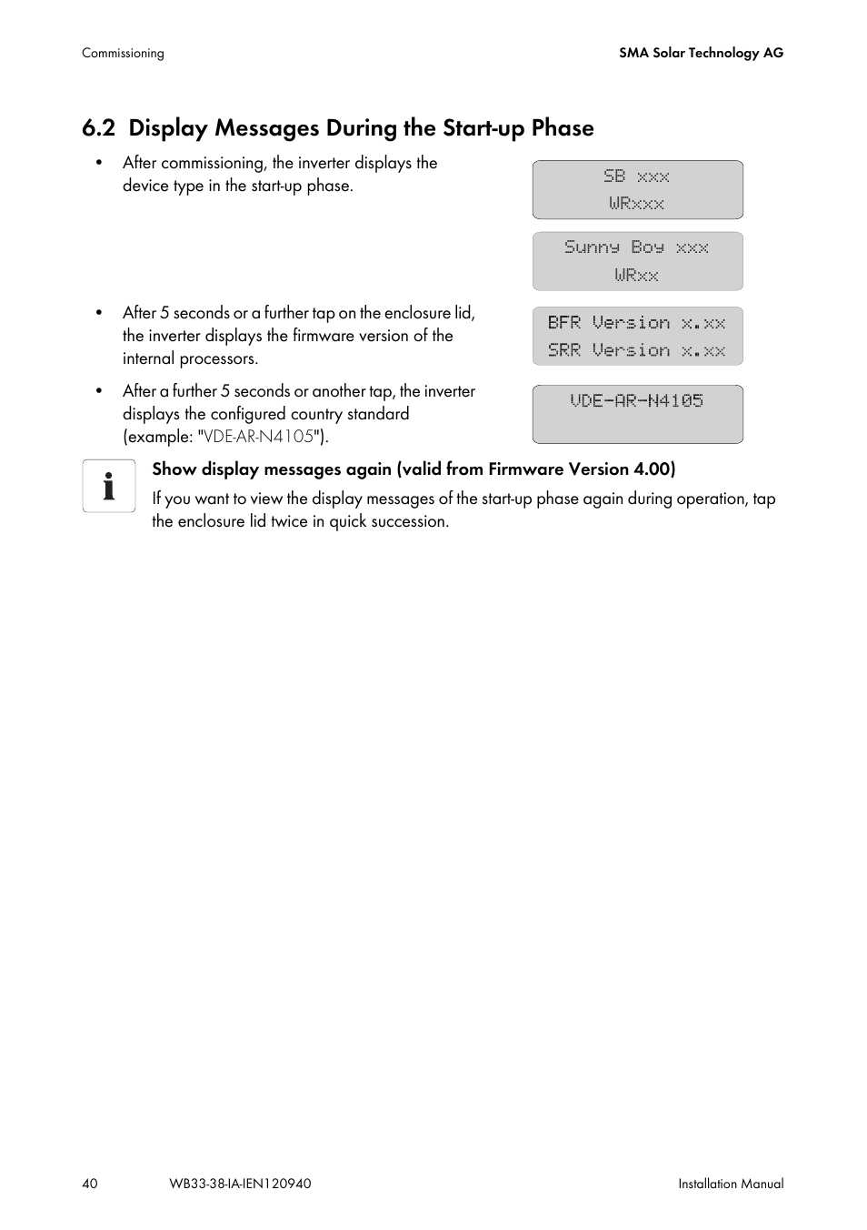 2 display messages during the start-up phase, Display messages during the start-up phase | SMA WB 3300-11 Installation User Manual | Page 40 / 80