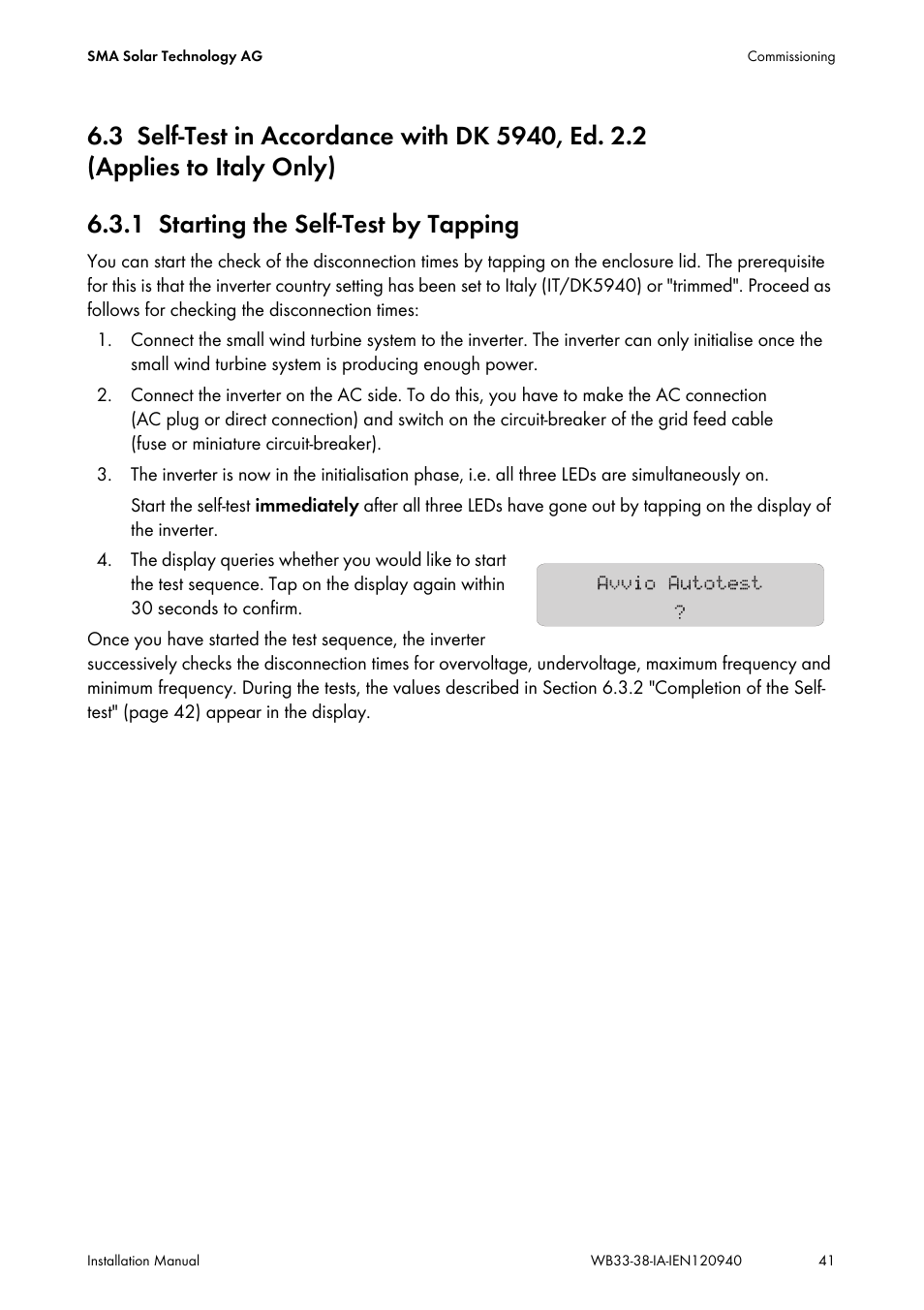 1 starting the self-test by tapping, Self-test in accordance with dk 5940, ed. 2.2, Applies to italy only) | Starting the self-test by tapping | SMA WB 3300-11 Installation User Manual | Page 41 / 80