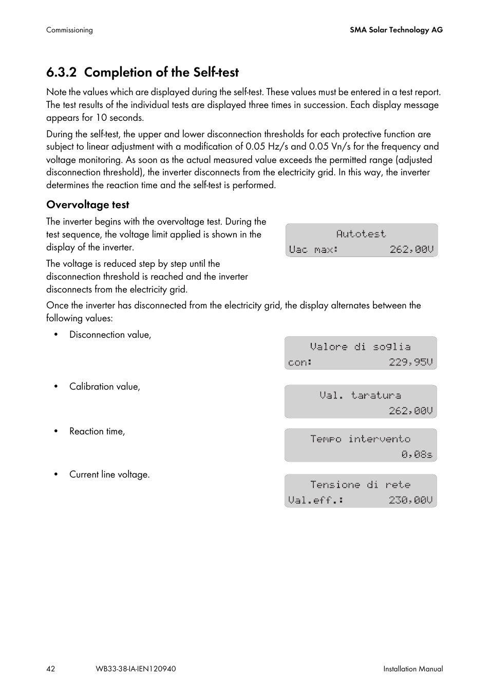 2 completion of the self-test, Completion of the self-test | SMA WB 3300-11 Installation User Manual | Page 42 / 80