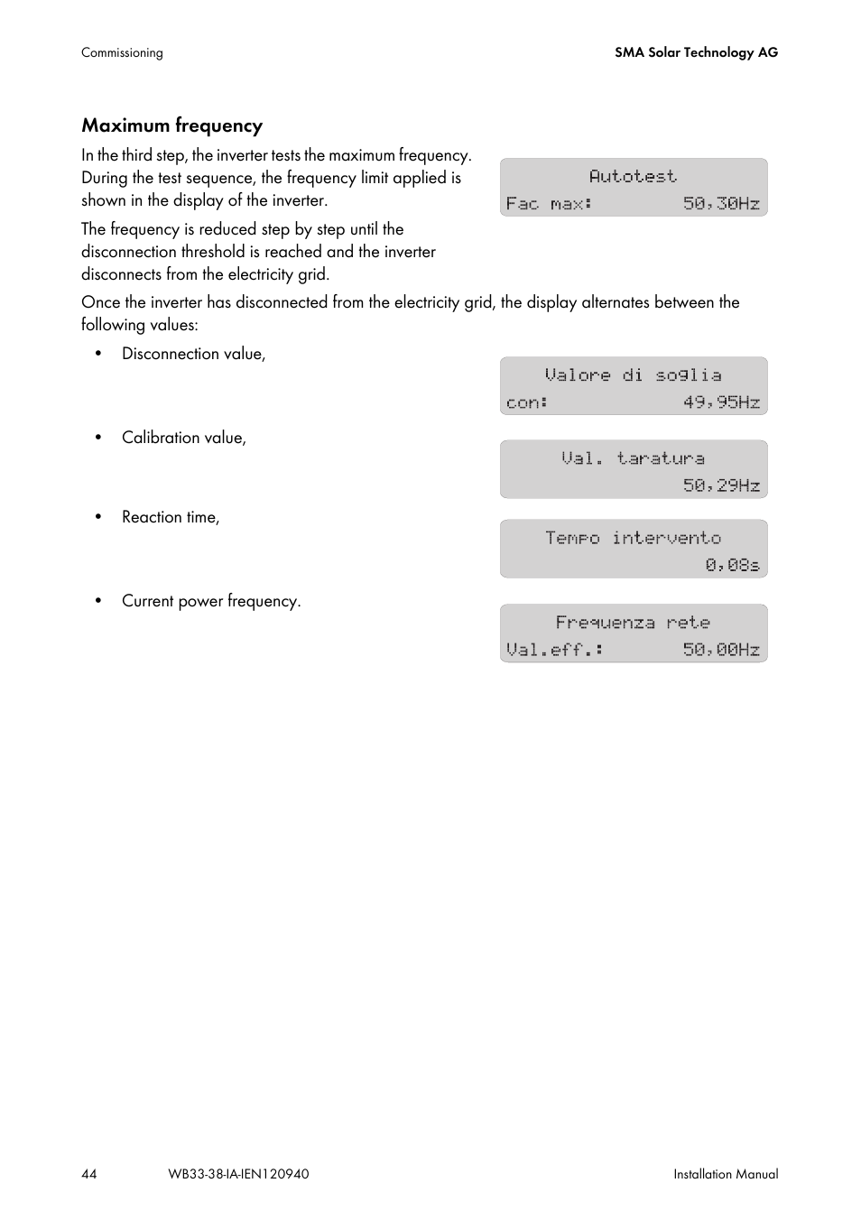 Maximum frequency | SMA WB 3300-11 Installation User Manual | Page 44 / 80