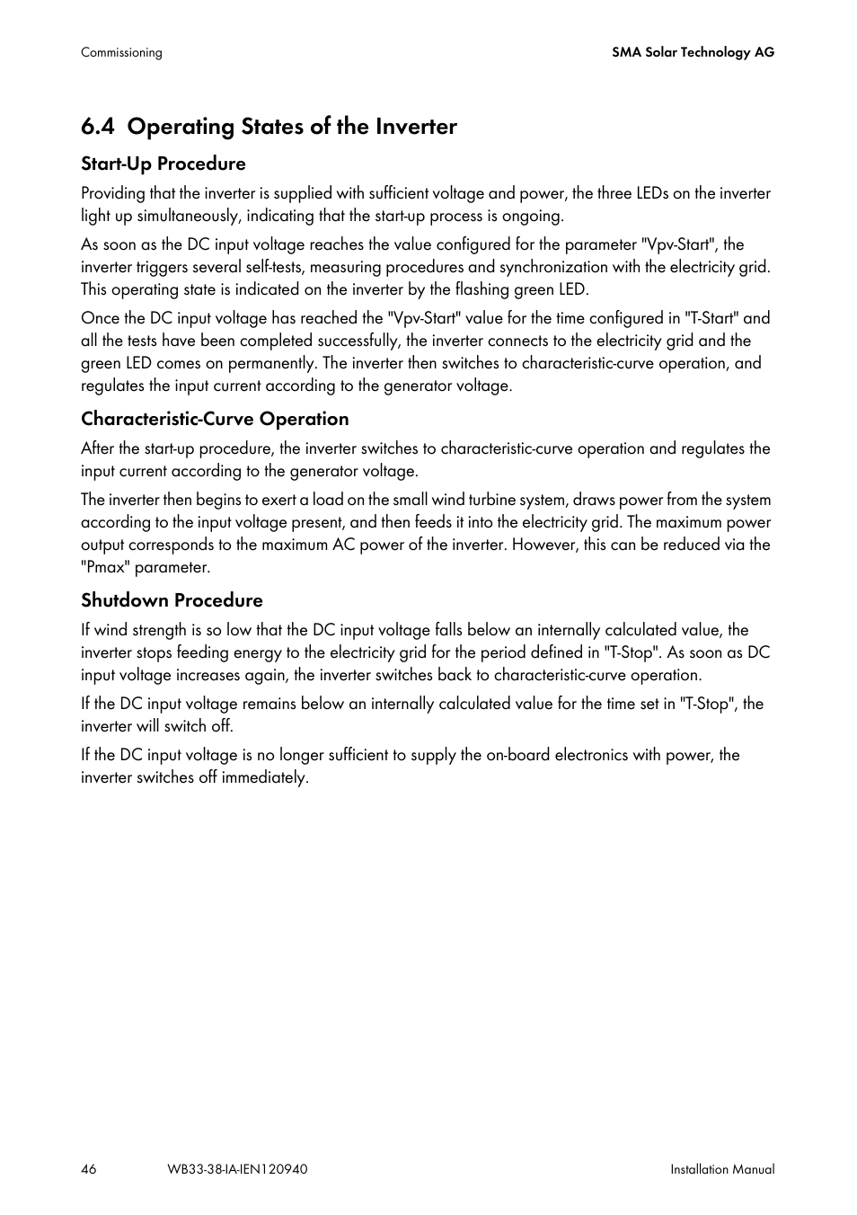 4 operating states of the inverter, Operating states of the inverter | SMA WB 3300-11 Installation User Manual | Page 46 / 80