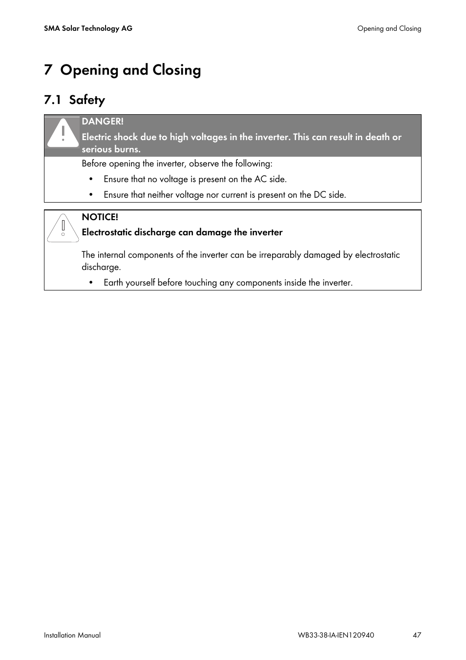 7 opening and closing, 1 safety, Opening and closing | Safety | SMA WB 3300-11 Installation User Manual | Page 47 / 80