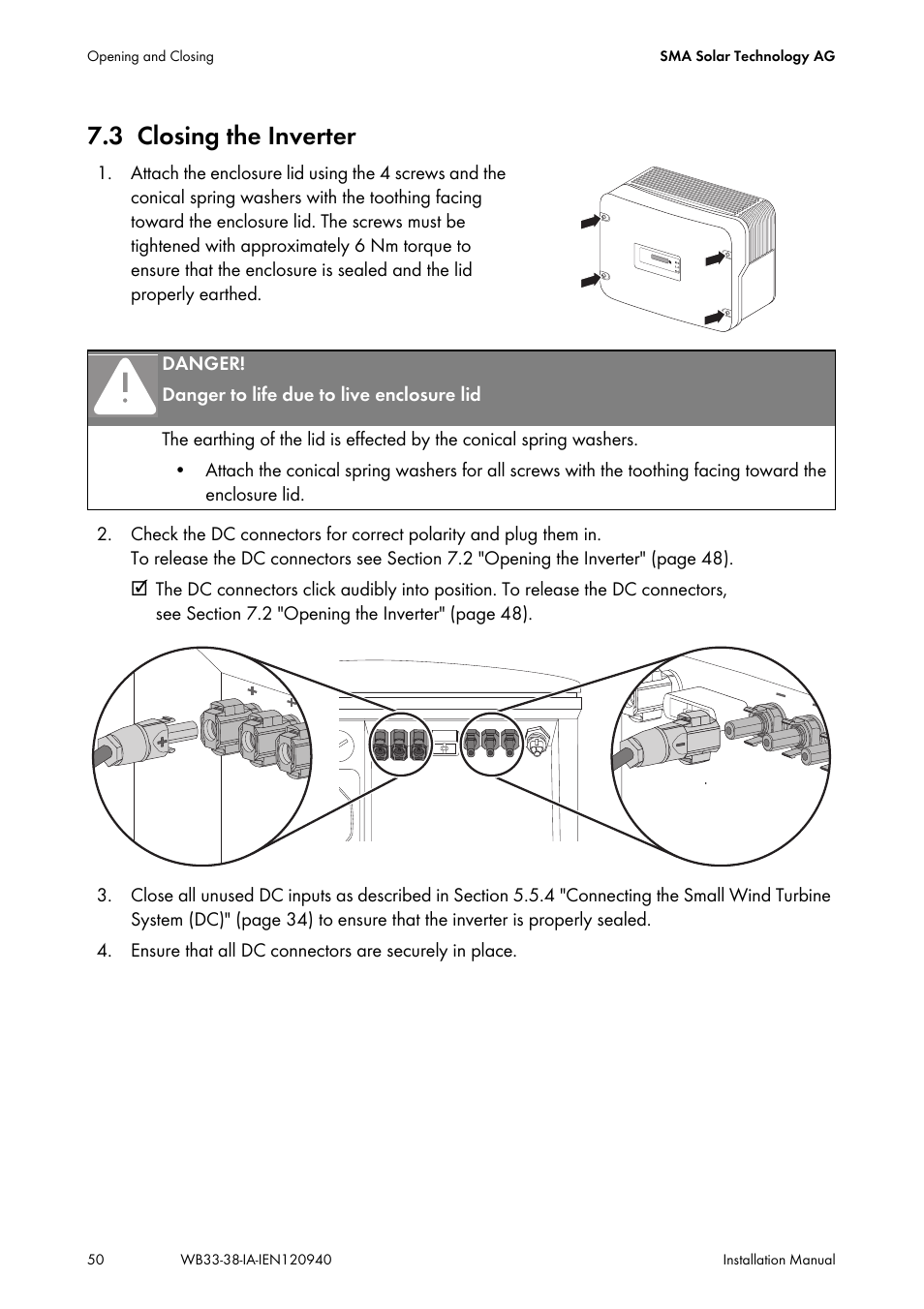 3 closing the inverter, Closing the inverter | SMA WB 3300-11 Installation User Manual | Page 50 / 80