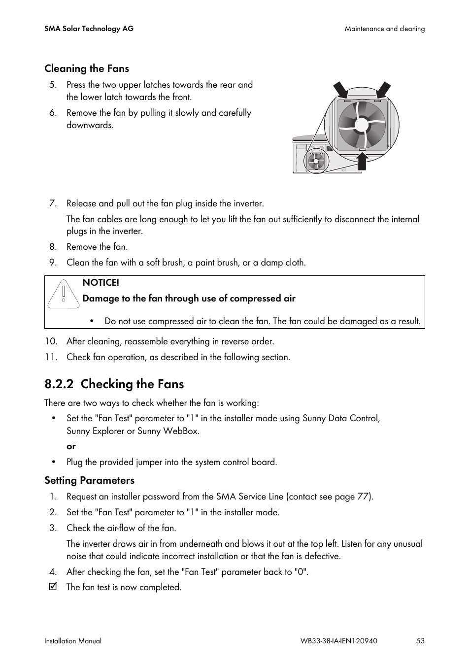 2 checking the fans, Checking the fans | SMA WB 3300-11 Installation User Manual | Page 53 / 80