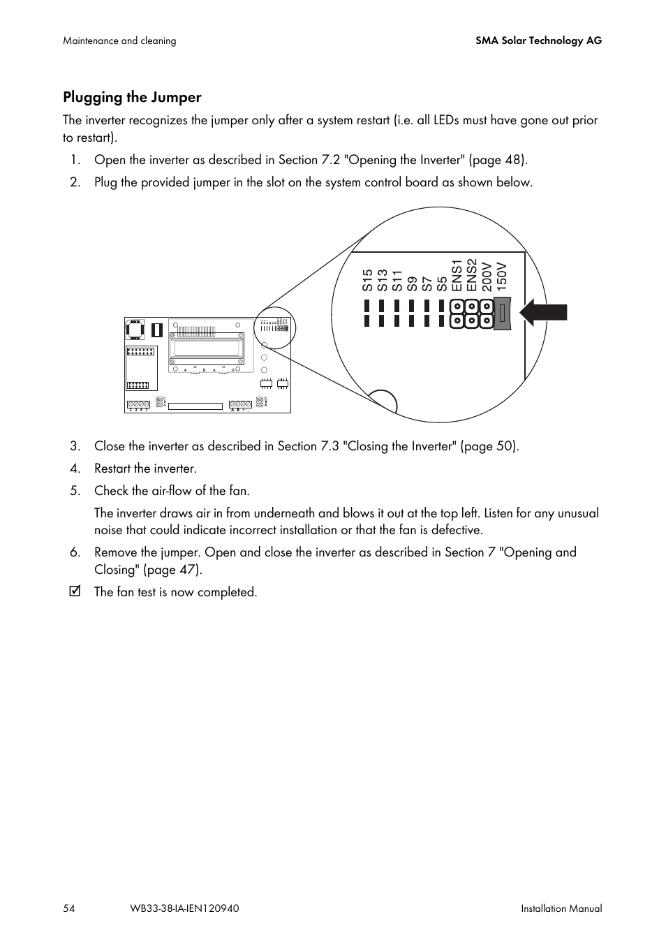 Plugging the jumper | SMA WB 3300-11 Installation User Manual | Page 54 / 80