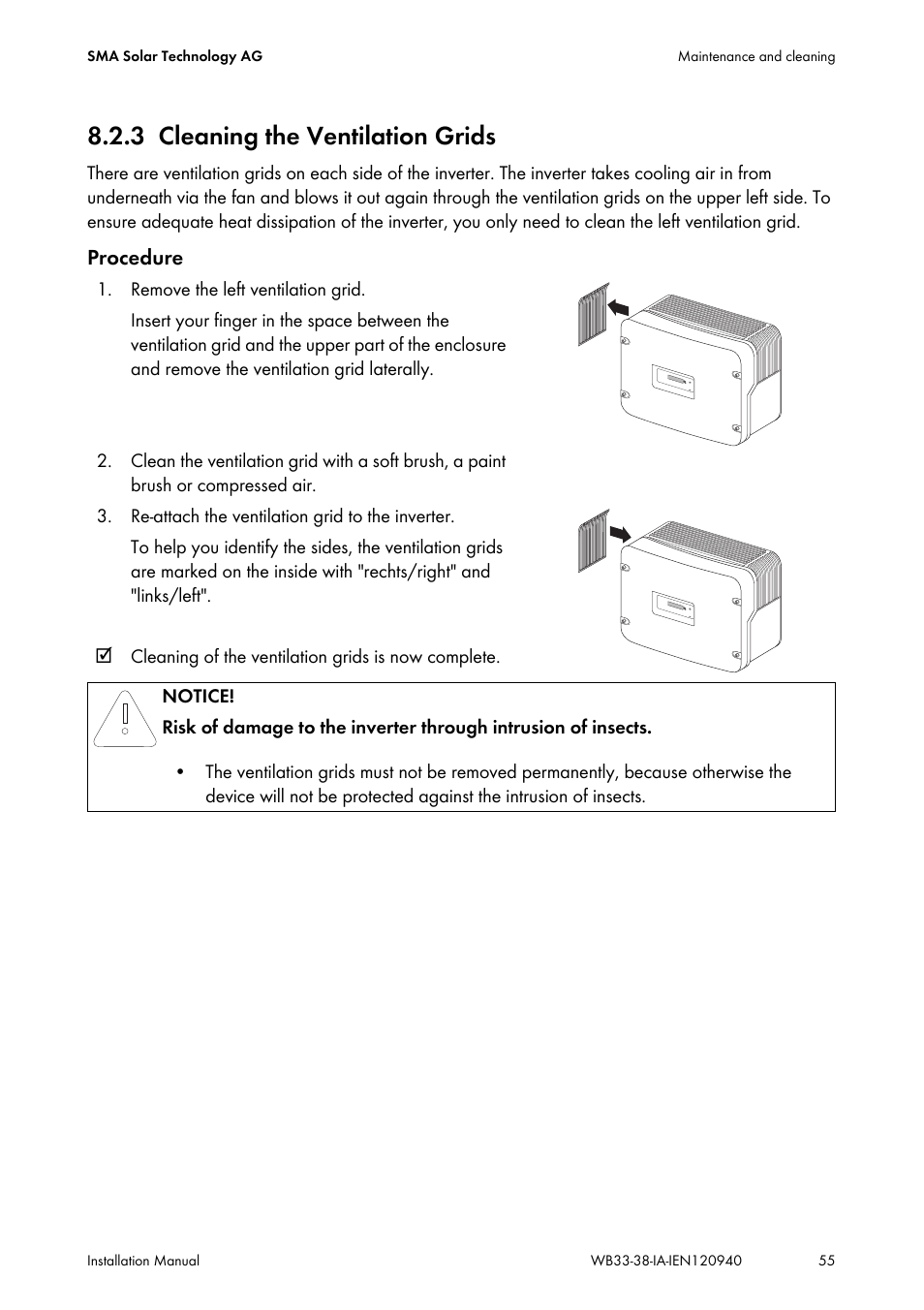 3 cleaning the ventilation grids, Cleaning the ventilation grids | SMA WB 3300-11 Installation User Manual | Page 55 / 80