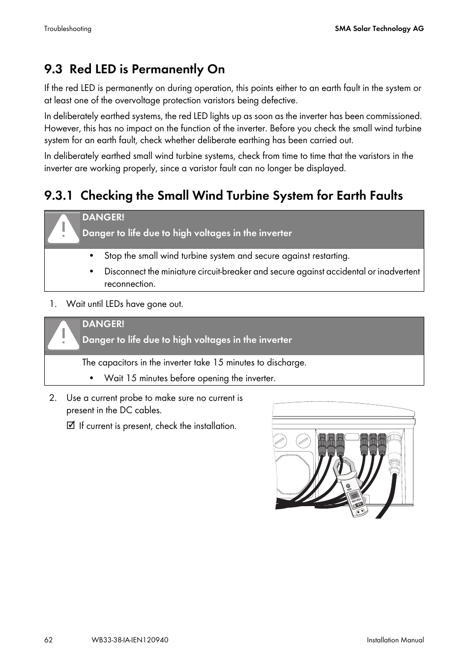 3 red led is permanently on, Red led is permanently on | SMA WB 3300-11 Installation User Manual | Page 62 / 80