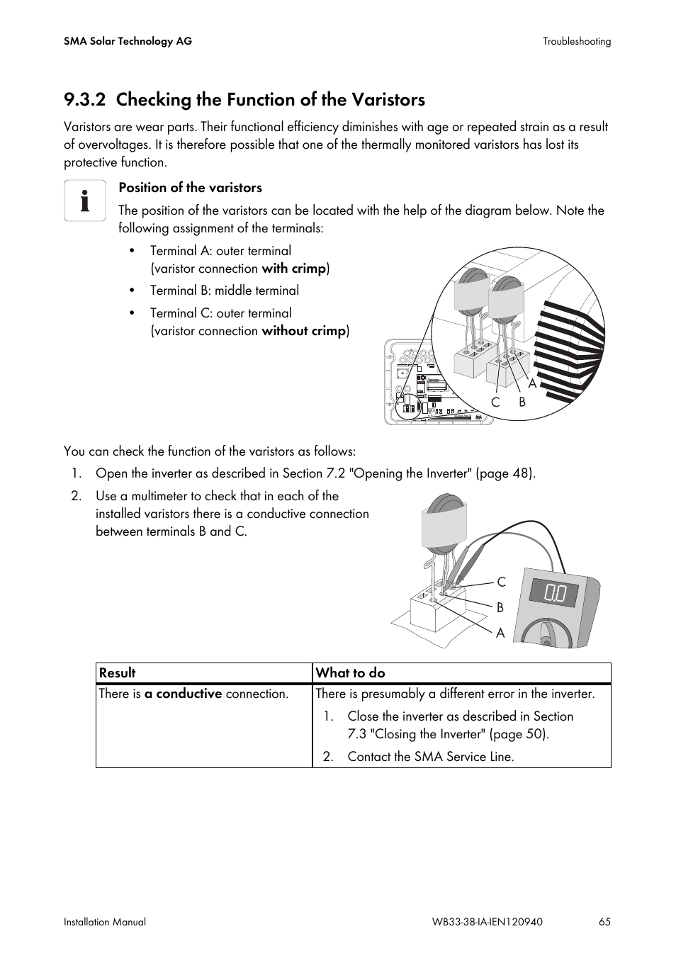 2 checking the function of the varistors, Checking the function of the varistors | SMA WB 3300-11 Installation User Manual | Page 65 / 80