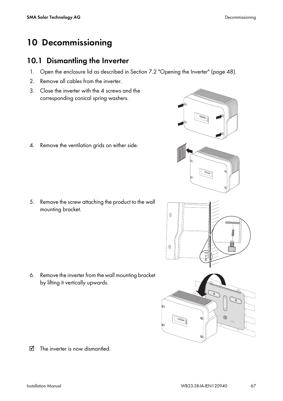 10 decommissioning, 1 dismantling the inverter, Decommissioning | Dismantling the inverter | SMA WB 3300-11 Installation User Manual | Page 67 / 80