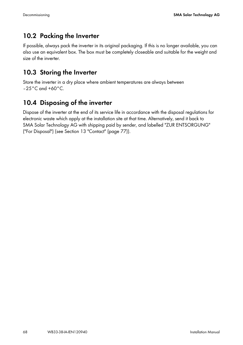 2 packing the inverter, 3 storing the inverter, 4 disposing of the inverter | Packing the inverter, Storing the inverter, Disposing of the inverter | SMA WB 3300-11 Installation User Manual | Page 68 / 80