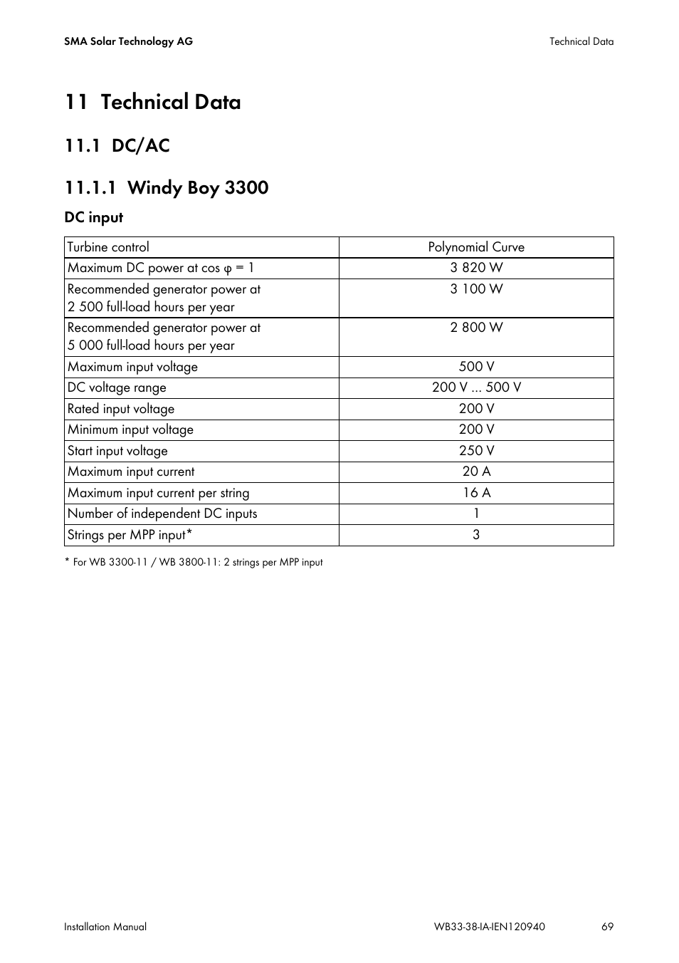 11 technical data, 1 dc/ac, 1 windy boy 3300 | Technical data, Dc/ac, Windy boy 3300 | SMA WB 3300-11 Installation User Manual | Page 69 / 80