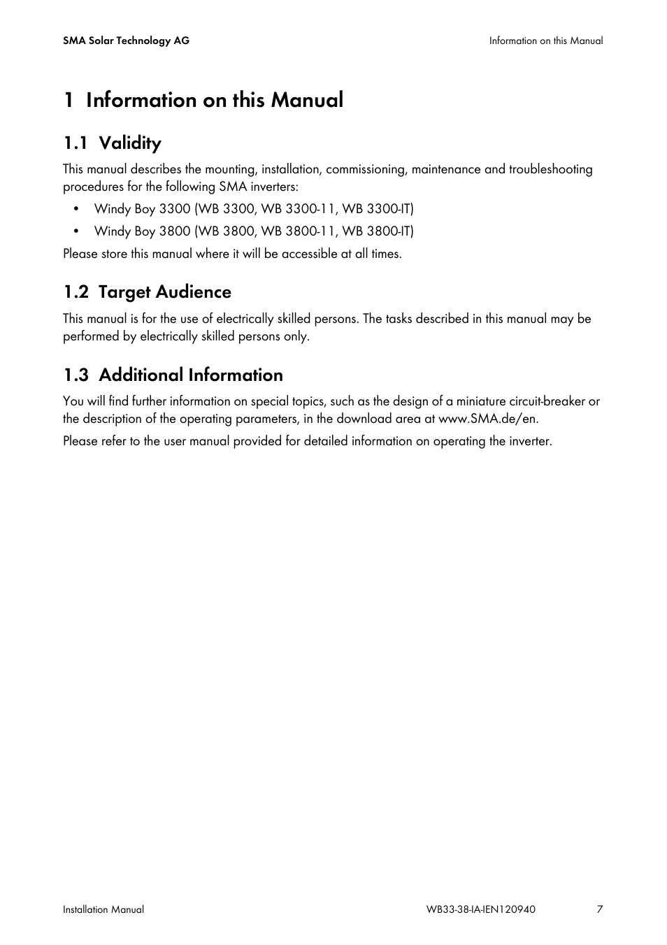 1 information on this manual, 1 validity, 2 target audience | 3 additional information, Information on this manual, Validity, Target audience, Additional information | SMA WB 3300-11 Installation User Manual | Page 7 / 80