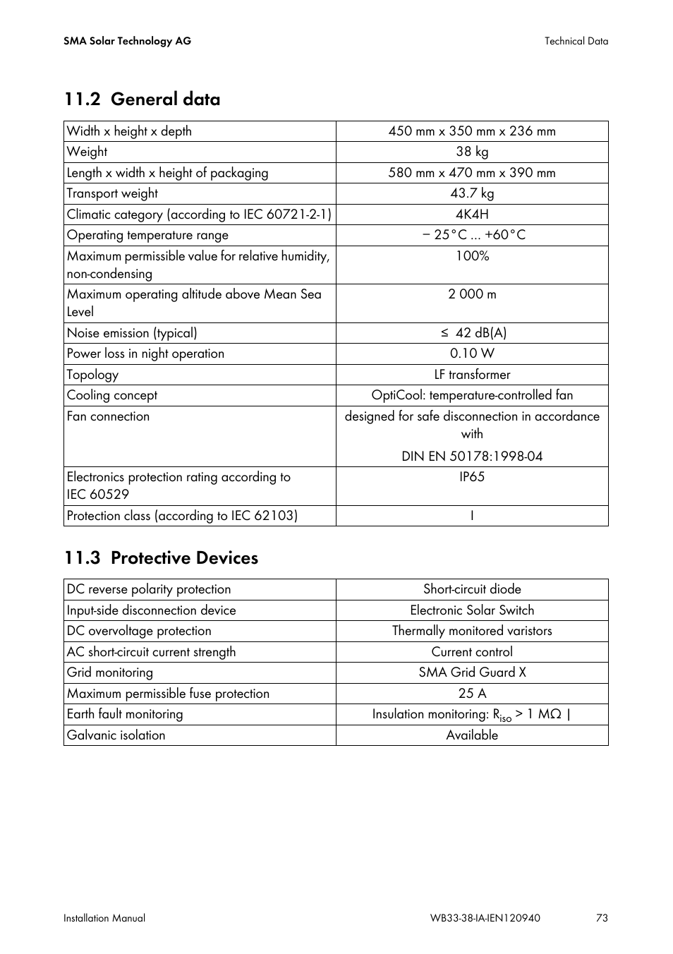 2 general data, 3 protective devices, General data | Protective devices, 2 general data 11.3 protective devices | SMA WB 3300-11 Installation User Manual | Page 73 / 80