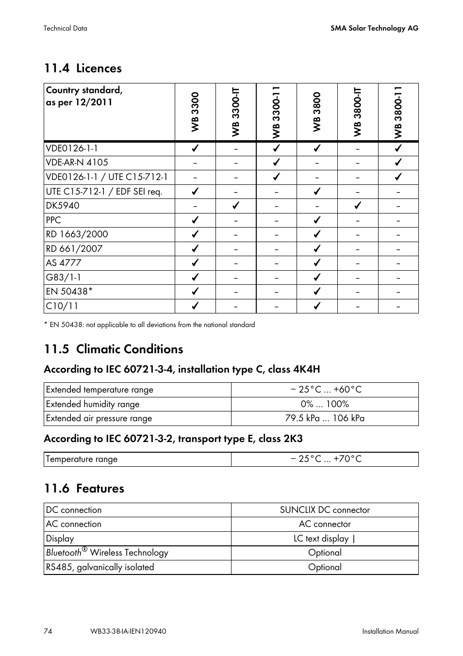 4 licences, 5 climatic conditions, 6 features | Licences, Climatic conditions, Features | SMA WB 3300-11 Installation User Manual | Page 74 / 80