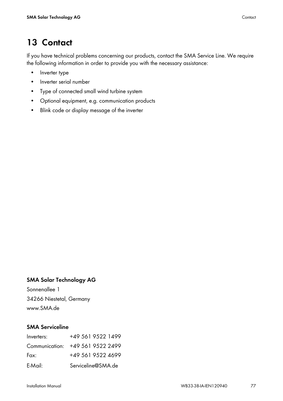 13 contact, Contact | SMA WB 3300-11 Installation User Manual | Page 77 / 80