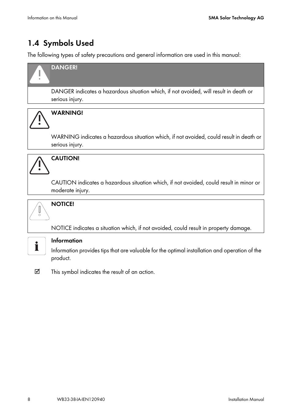 4 symbols used, Symbols used | SMA WB 3300-11 Installation User Manual | Page 8 / 80