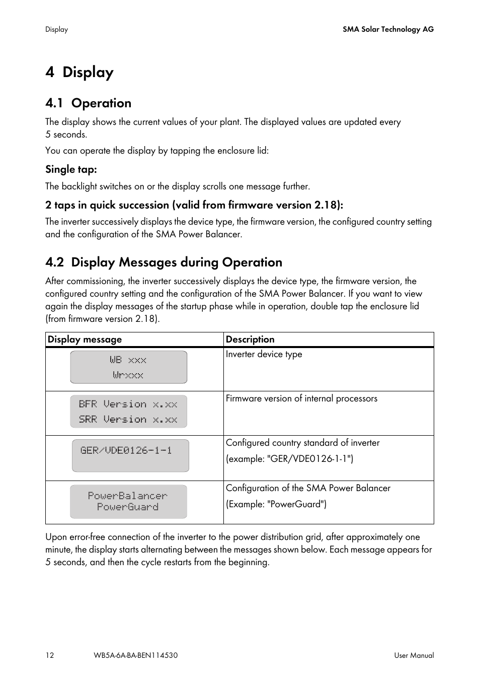 4 display, 1 operation, 2 display messages during operation | Display, Operation, Display messages during operation | SMA WB 5000A-11 User Manual | Page 12 / 24