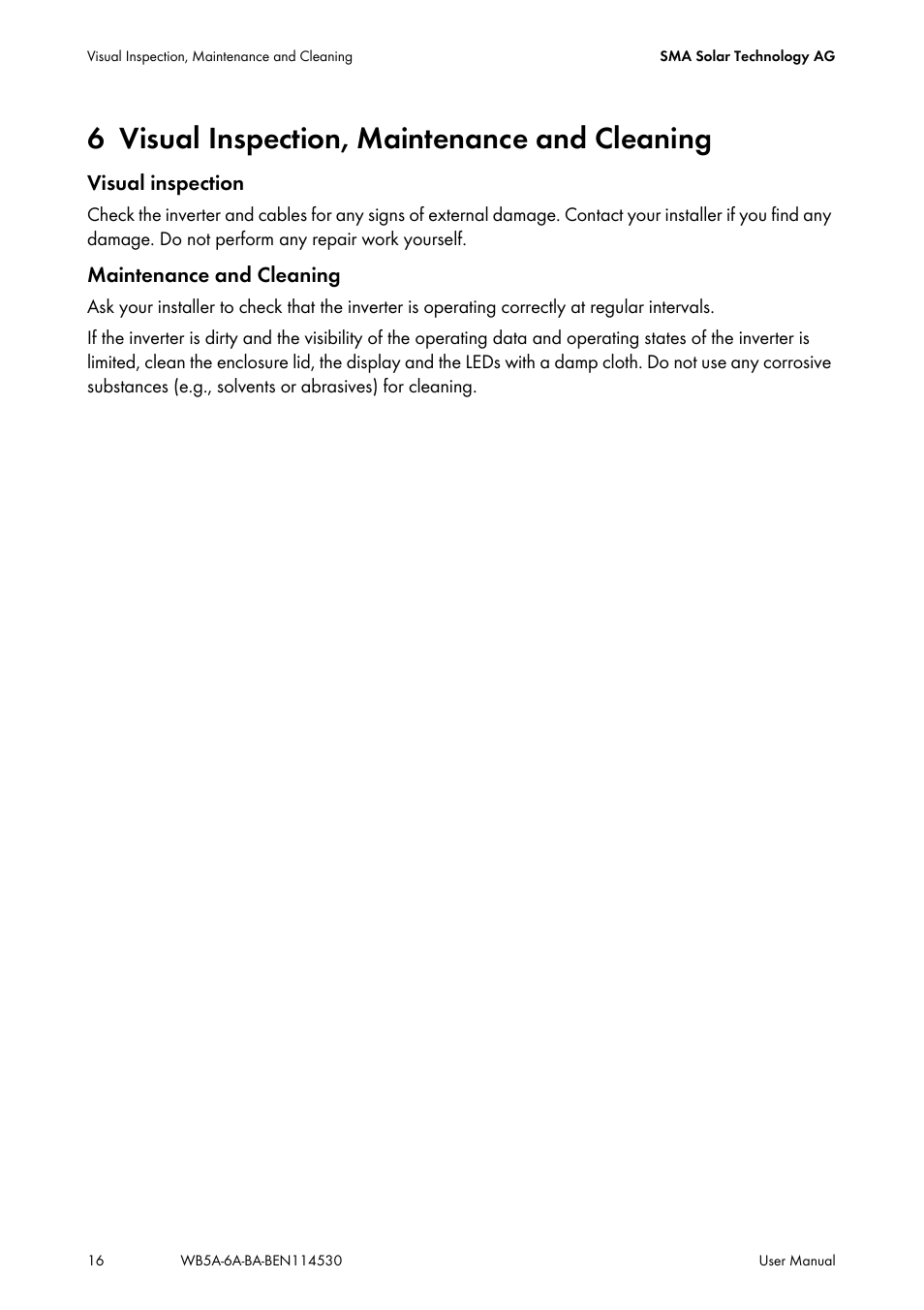 6 visual inspection, maintenance and cleaning, Visual inspection, maintenance and cleaning | SMA WB 5000A-11 User Manual | Page 16 / 24