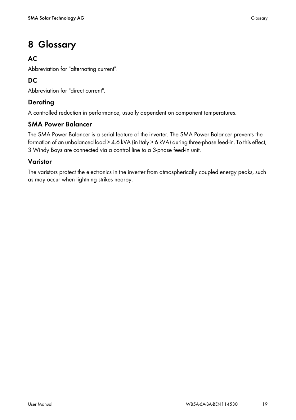 8 glossary, Glossary | SMA WB 5000A-11 User Manual | Page 19 / 24
