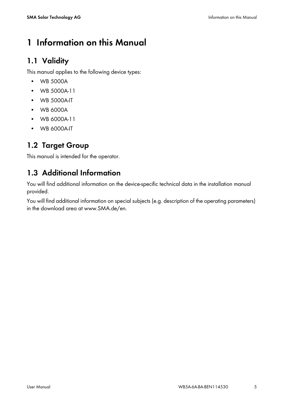 1 information on this manual, 1 validity, 2 target group | 3 additional information, Information on this manual, Validity, Target group, Additional information | SMA WB 5000A-11 User Manual | Page 5 / 24
