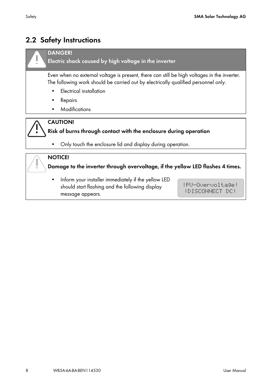 2 safety instructions, Safety instructions | SMA WB 5000A-11 User Manual | Page 8 / 24