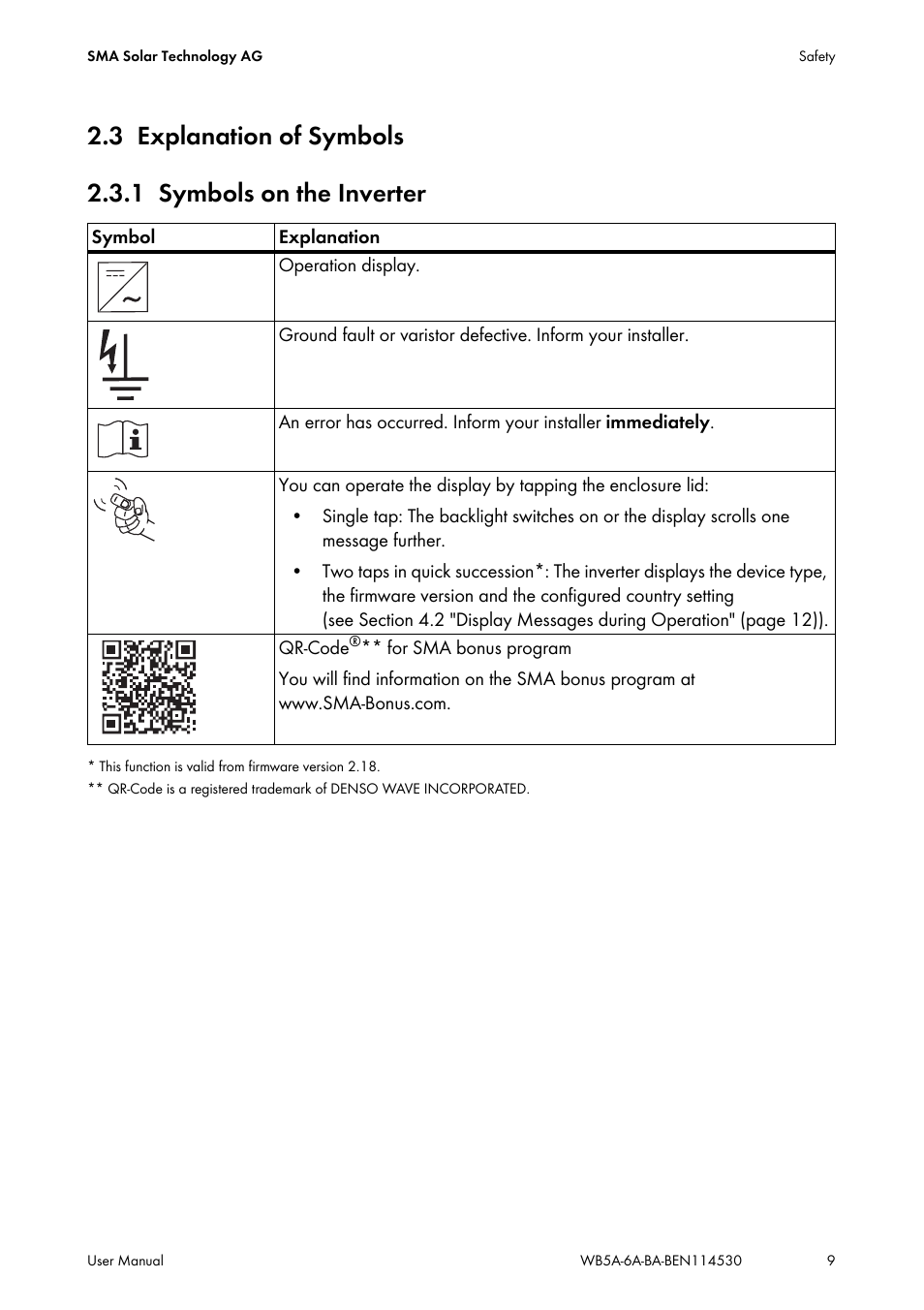 3 explanation of symbols, 1 symbols on the inverter, Explanation of symbols | Symbols on the inverter | SMA WB 5000A-11 User Manual | Page 9 / 24