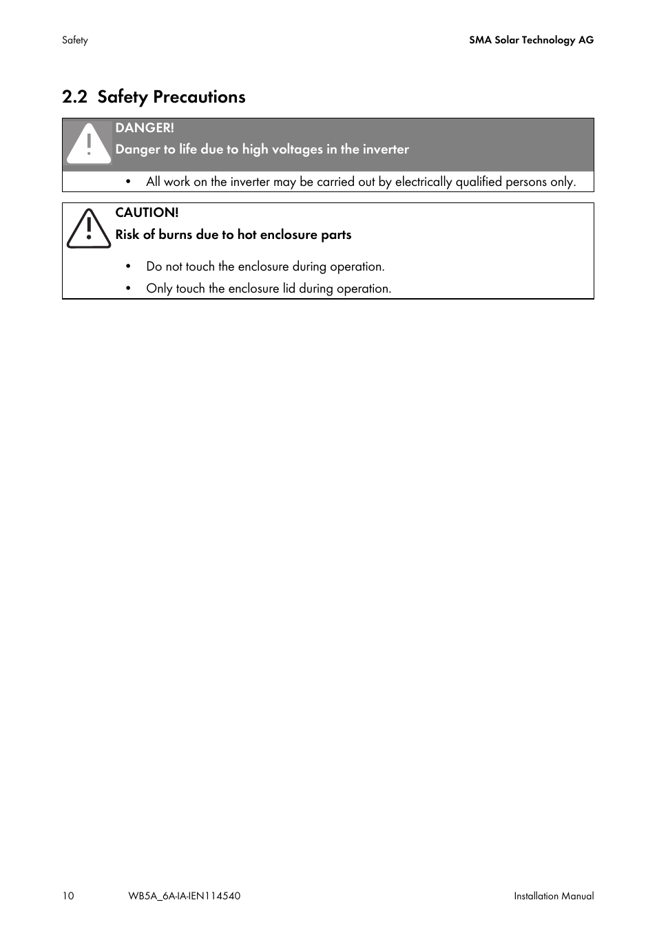 2 safety precautions, Safety precautions | SMA WB 5000A-11 Installation User Manual | Page 10 / 88