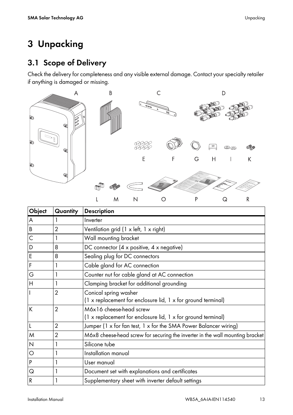 3 unpacking, 1 scope of delivery, Unpacking | Scope of delivery | SMA WB 5000A-11 Installation User Manual | Page 13 / 88