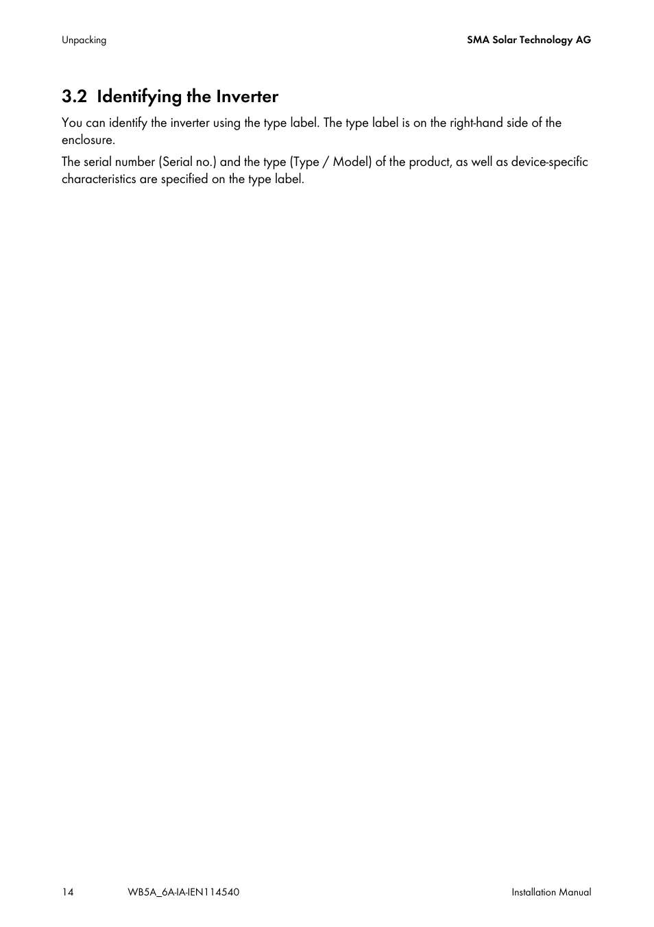 2 identifying the inverter, Identifying the inverter | SMA WB 5000A-11 Installation User Manual | Page 14 / 88