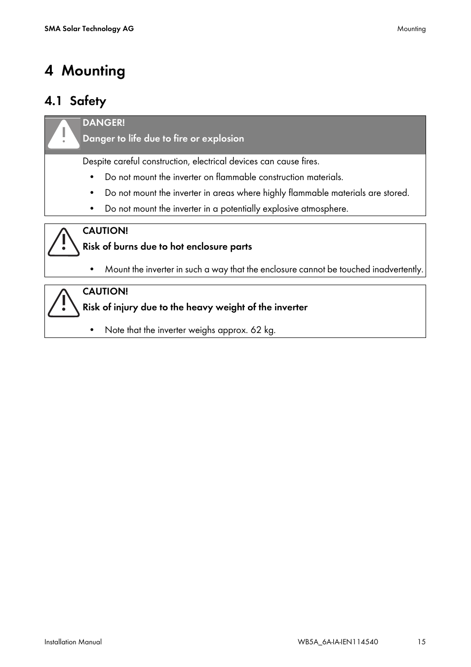 4 mounting, 1 safety, Mounting | Safety | SMA WB 5000A-11 Installation User Manual | Page 15 / 88