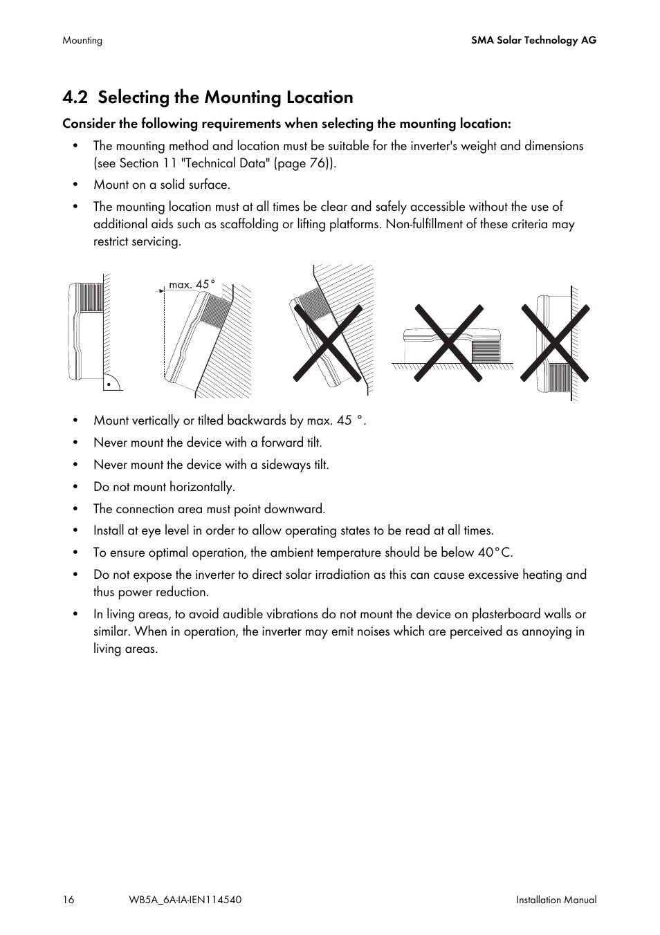 2 selecting the mounting location, Selecting the mounting location | SMA WB 5000A-11 Installation User Manual | Page 16 / 88