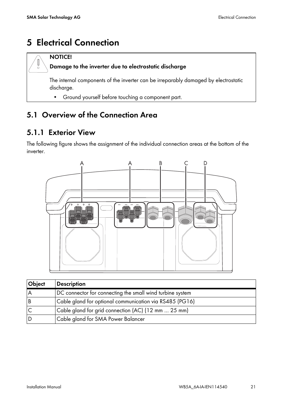 5 electrical connection, 1 overview of the connection area, 1 exterior view | Electrical connection, Overview of the connection area, Exterior view | SMA WB 5000A-11 Installation User Manual | Page 21 / 88