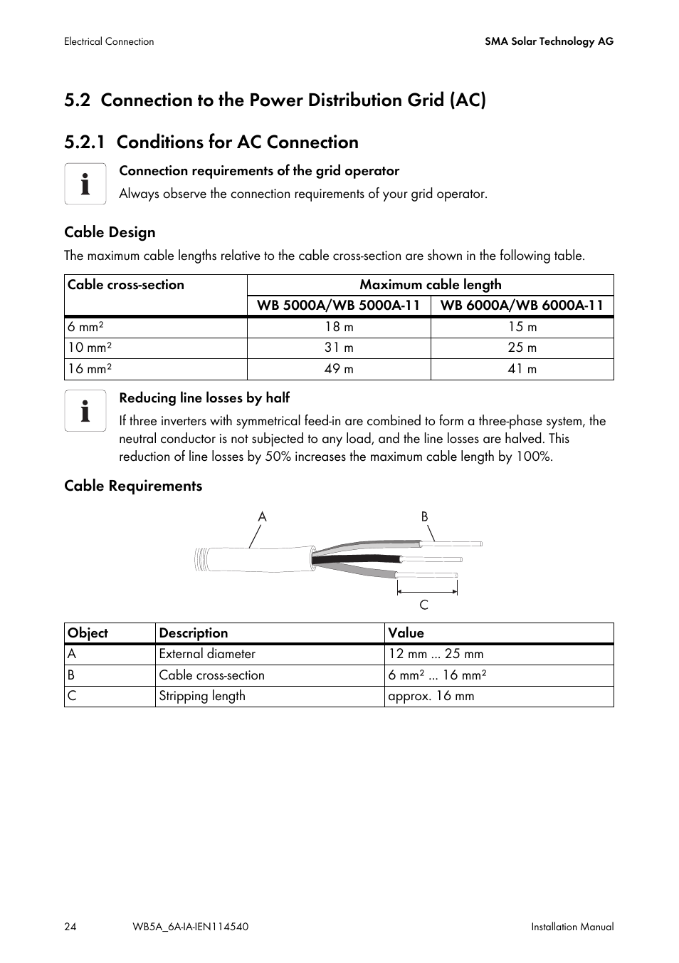 2 connection to the power distribution grid (ac), 1 conditions for ac connection, Connection to the power distribution grid (ac) | Conditions for ac connection | SMA WB 5000A-11 Installation User Manual | Page 24 / 88