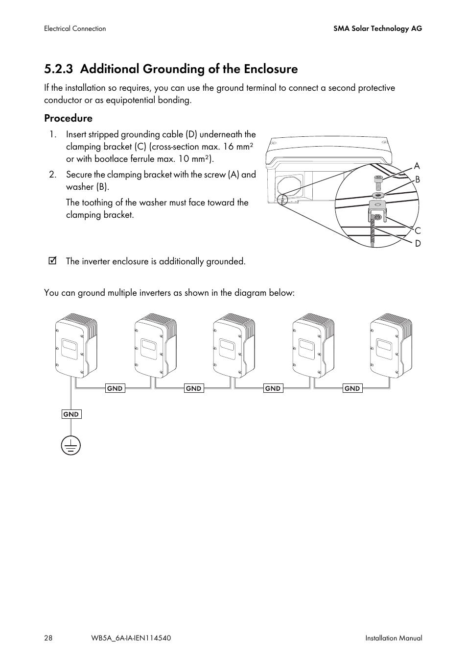 3 additional grounding of the enclosure, Additional grounding of the enclosure | SMA WB 5000A-11 Installation User Manual | Page 28 / 88