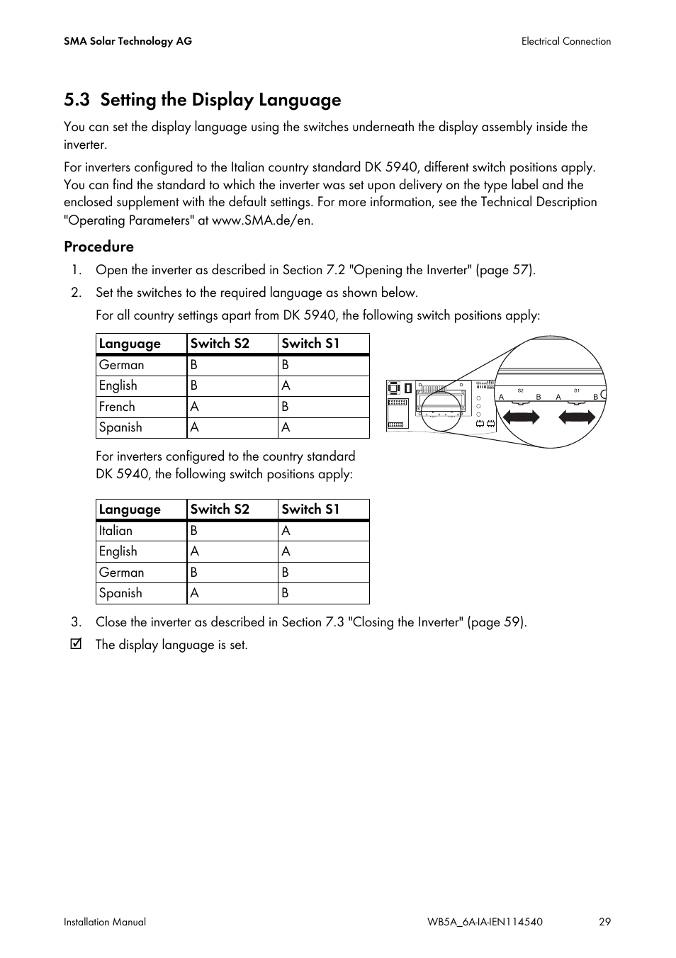 3 setting the display language, Setting the display language | SMA WB 5000A-11 Installation User Manual | Page 29 / 88