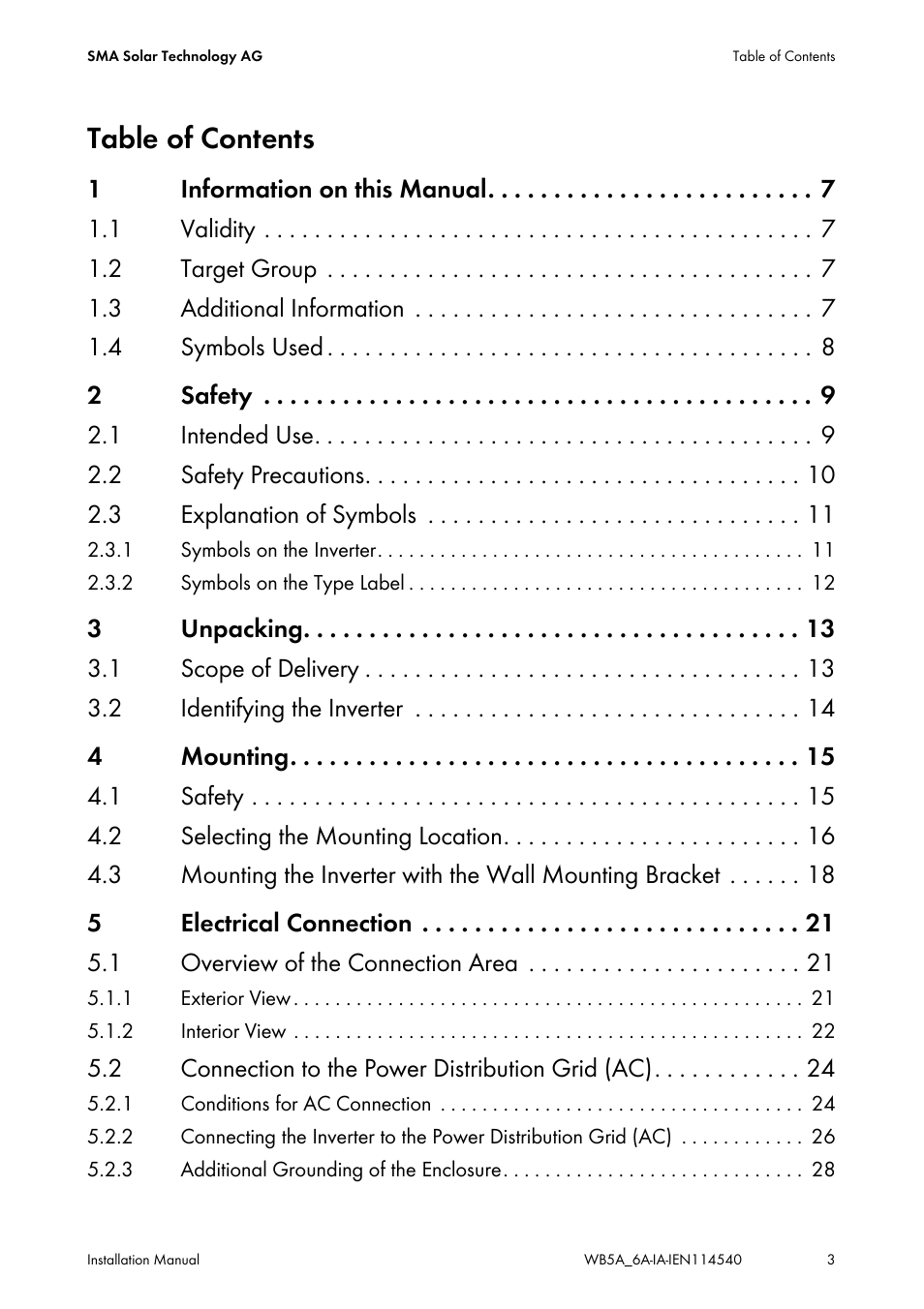 SMA WB 5000A-11 Installation User Manual | Page 3 / 88