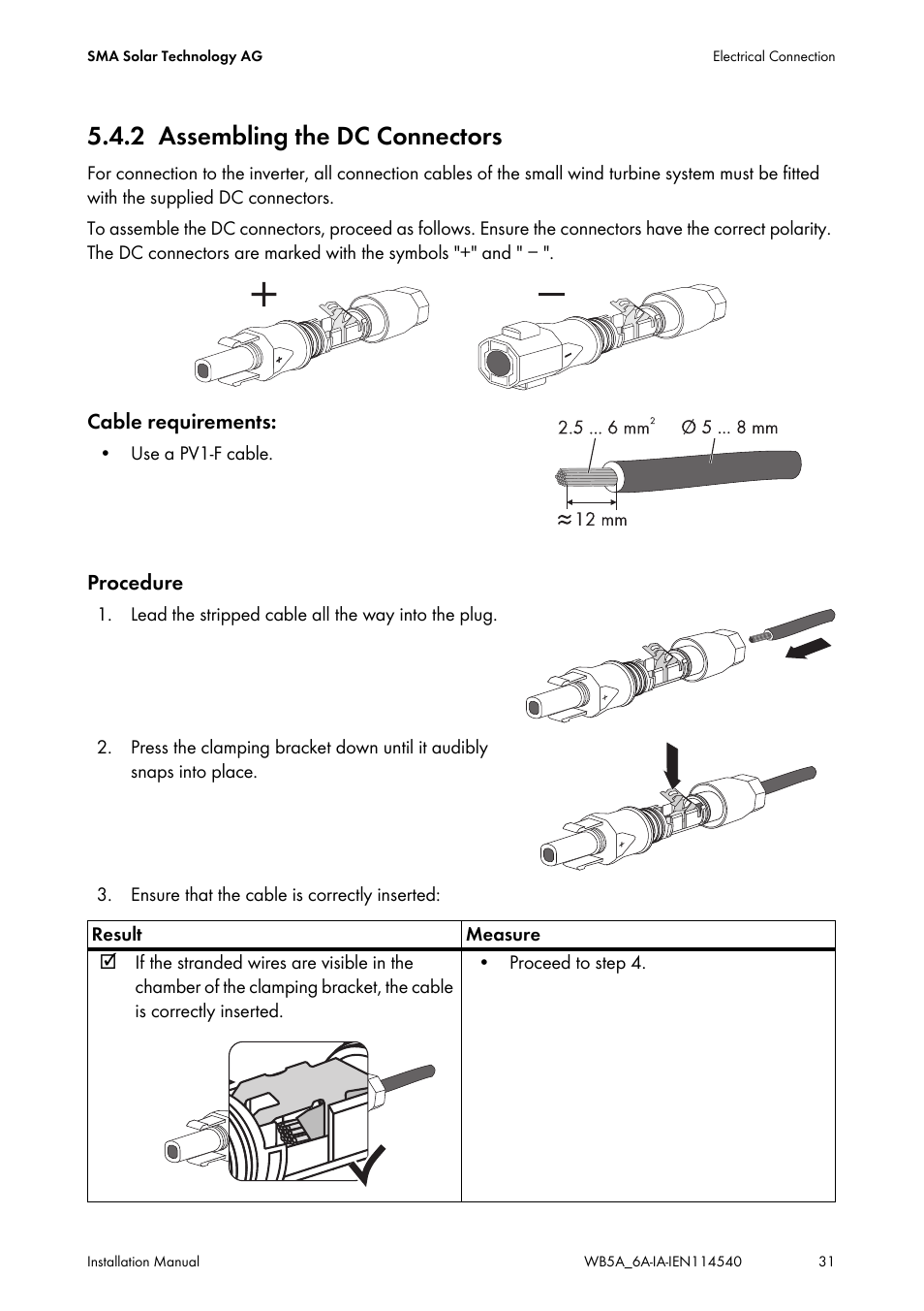 2 assembling the dc connectors, Assembling the dc connectors | SMA WB 5000A-11 Installation User Manual | Page 31 / 88