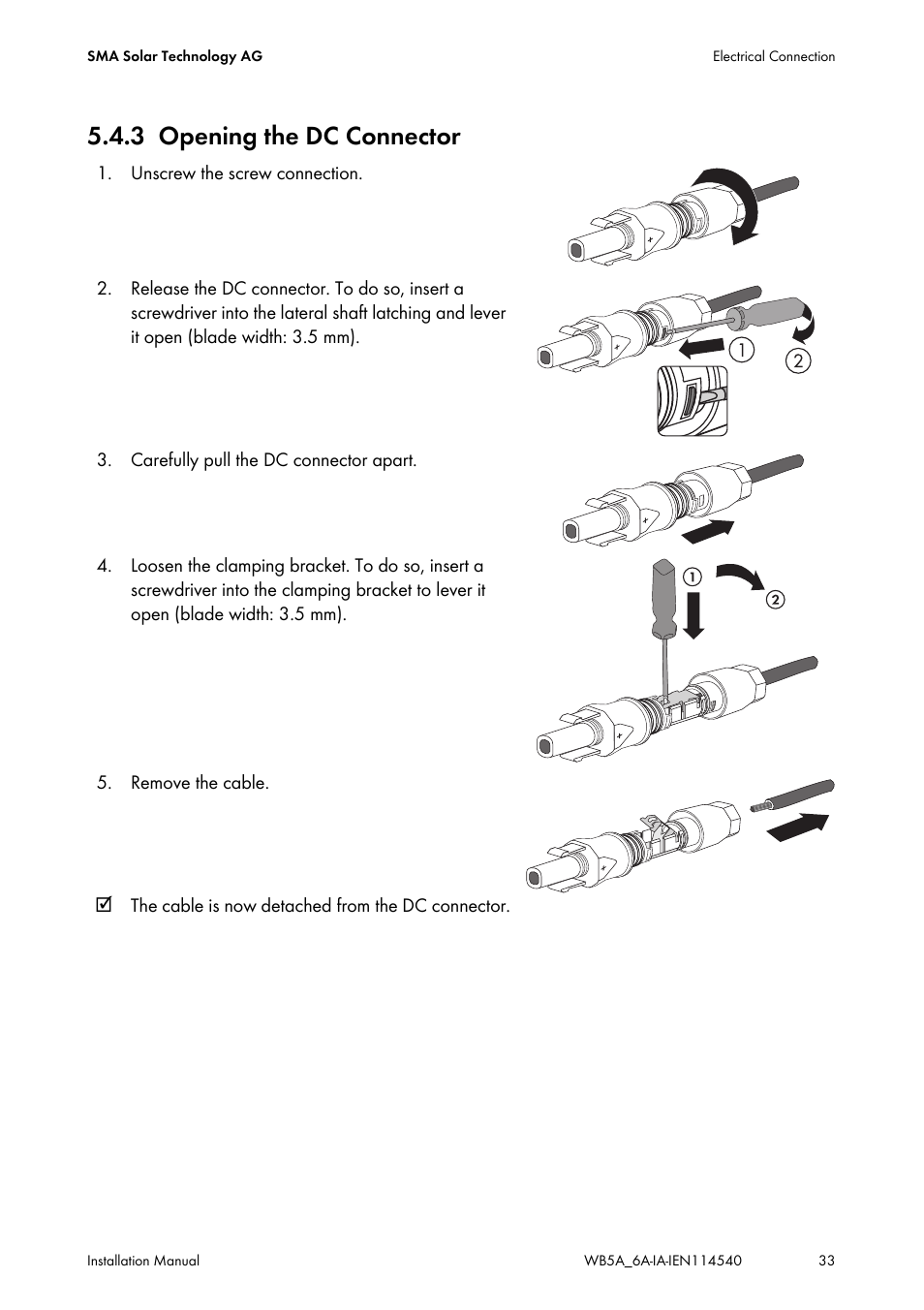 3 opening the dc connector, Opening the dc connector | SMA WB 5000A-11 Installation User Manual | Page 33 / 88