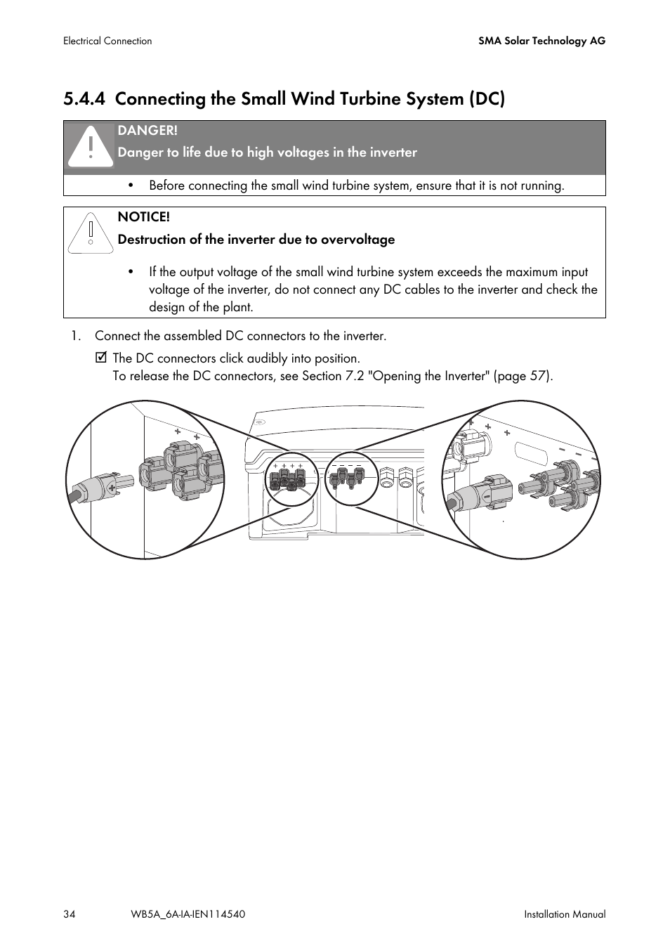 4 connecting the small wind turbine system (dc), Connecting the small wind turbine system (dc) | SMA WB 5000A-11 Installation User Manual | Page 34 / 88