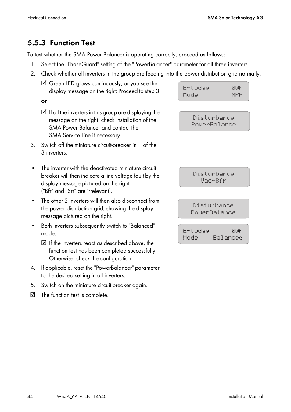 3 function test, Function test | SMA WB 5000A-11 Installation User Manual | Page 44 / 88