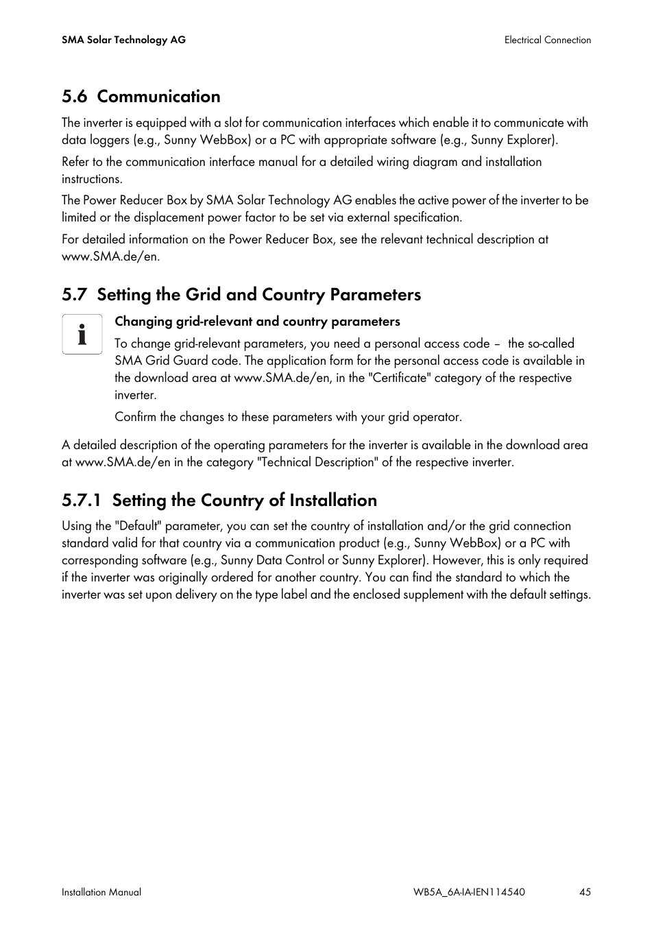 6 communication, 7 setting the grid and country parameters, 1 setting the country of installation | Communication, Setting the grid and country parameters, Setting the country of installation | SMA WB 5000A-11 Installation User Manual | Page 45 / 88