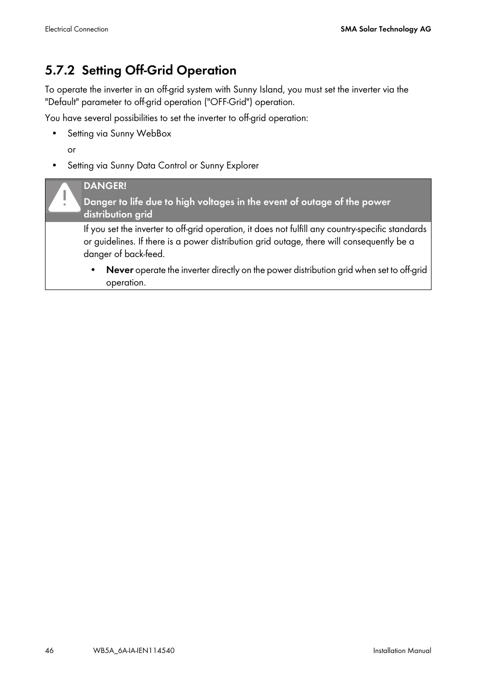 2 setting off-grid operation, Setting off-grid operation | SMA WB 5000A-11 Installation User Manual | Page 46 / 88