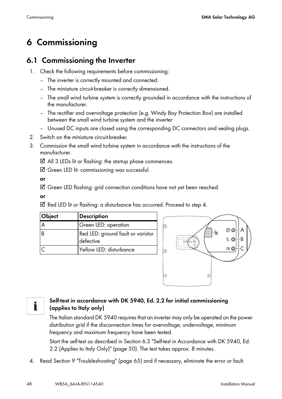 6 commissioning, 1 commissioning the inverter, Commissioning | Commissioning the inverter | SMA WB 5000A-11 Installation User Manual | Page 48 / 88